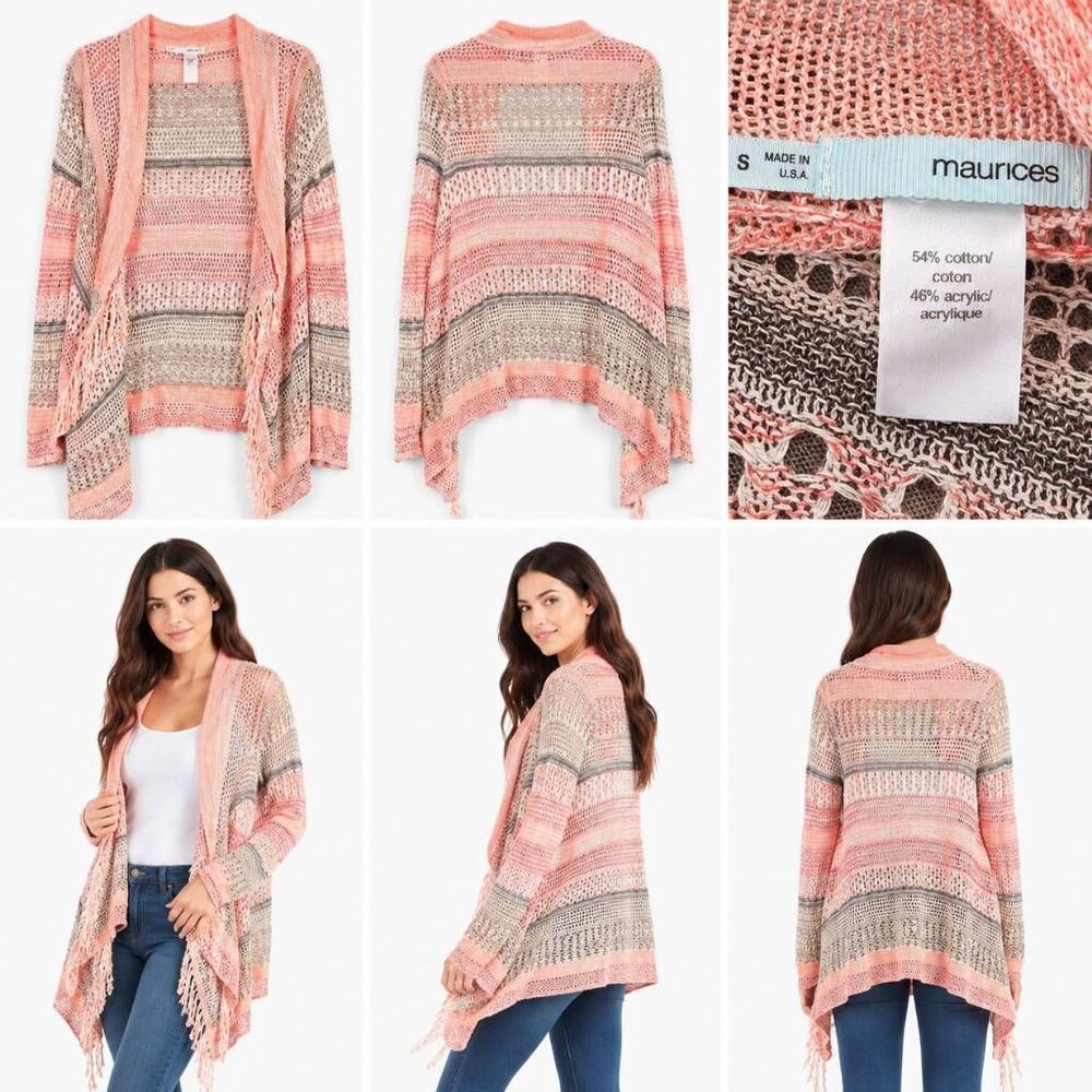 Maurices Open Knit Fringe Cardigan Peach Gray S